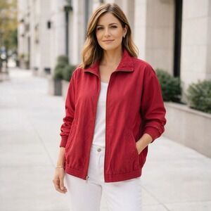 Womens 100% Red Silk Bomber Jacket Size XL  Minimalist Layering Quiet Luxury